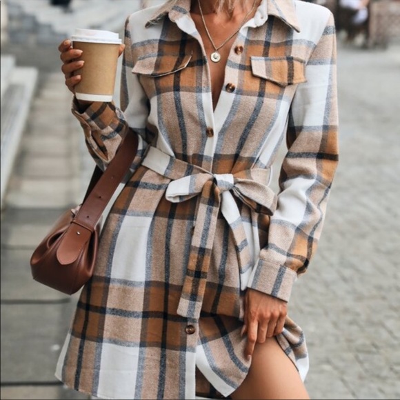 Boho khaki tan plaid button up long sleeve mini dress - Picture 2 of 6